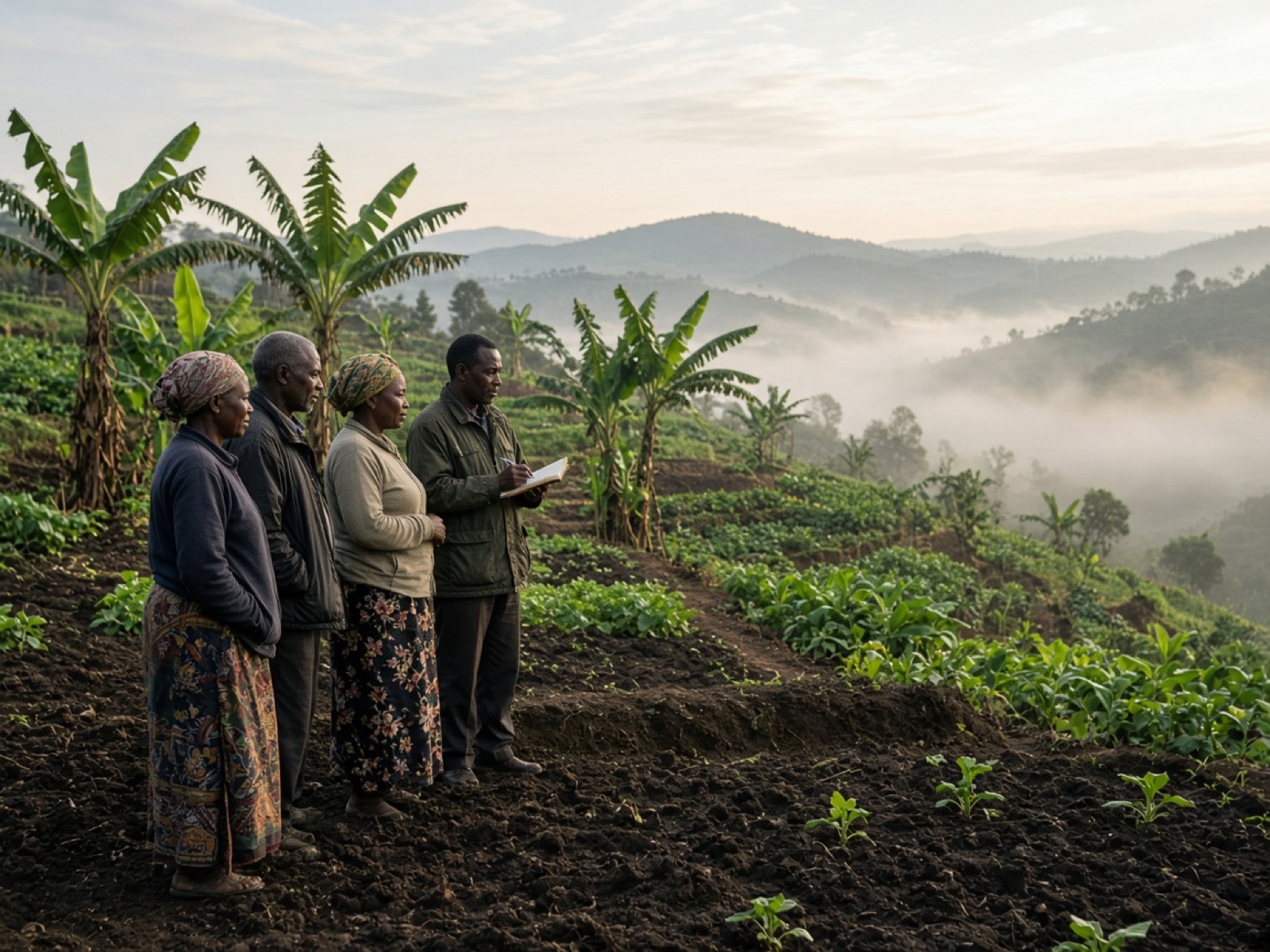 Farmers and a field officer reviewing a terraced plot in the Rwandan highlands.