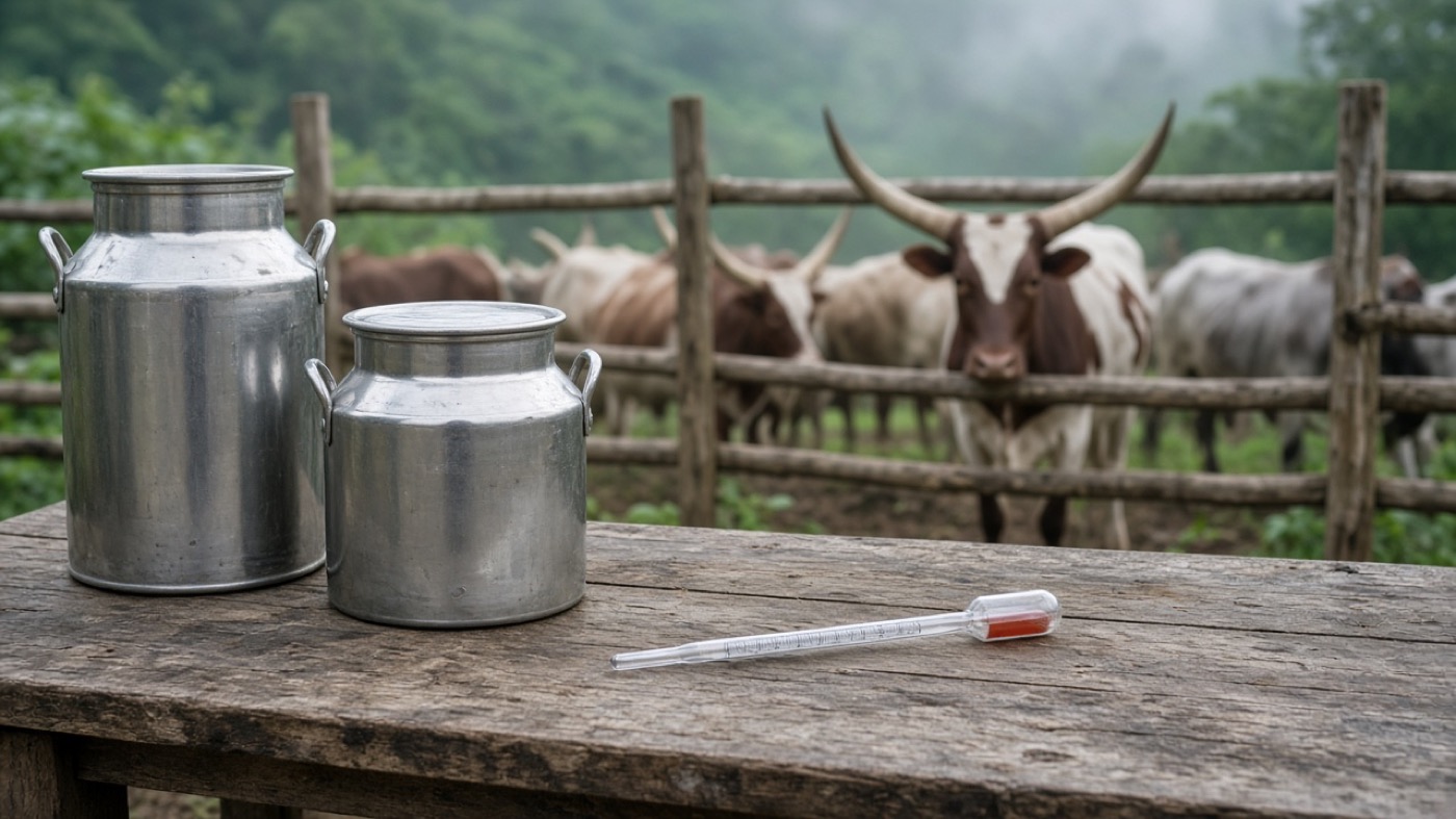 Milk cans and a lactometer on a collection bench, with cattle behind the kraal fence.